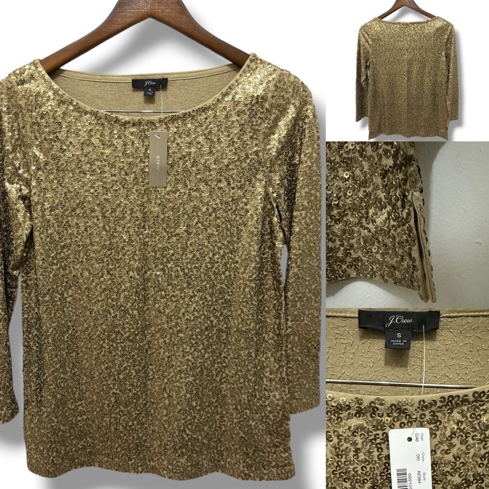 328 J.Crew | NWT Shimmering Gold Sequin Boatneck Blouse (Size S)